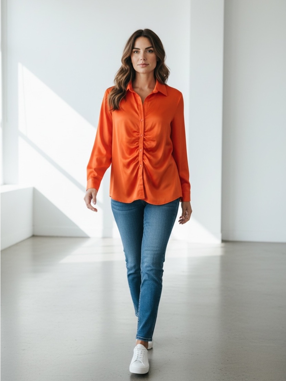 Long Sleeve Orange Ruched Button Front Blouse XL
